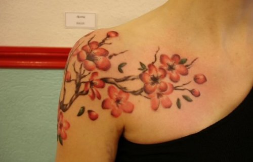 Awesome Japanese Cherry Blossom Tattoo On Shoulder For Girls